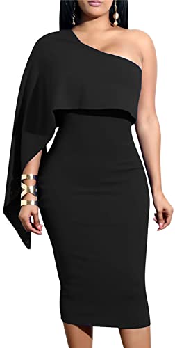 GOBLES Women's Summer Sexy One Shoulder Ruffle Bodycon Midi Cocktail Dress