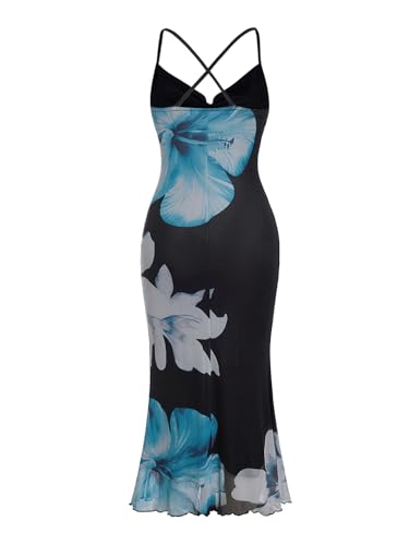 Image of SOLY HUX Women's Floral Mesh Bodycon Cami Dress Cowl Neck Sleeveless Cocktail Party Wedding Guest Long Maxi Dresses