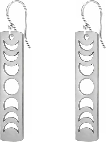 Moon Phase Earrings for Women, Silver Boho Earrings, Lunar Cycle Witchy Earrings, Scandinavian Flower Long Bar Earrings