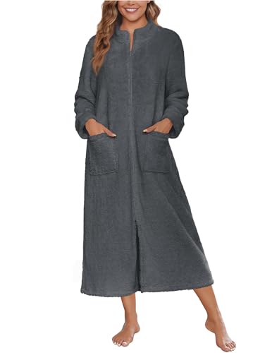 Image of Ekouaer Women Zipper Robe Fleece Long Sleeves Bathrobe Sleepwear Warm Soft Housecoat with Pockets Zip Up House Dresses