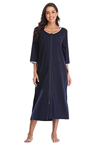 Kasual Womens Zipper Front Robes 3/4 Sleeve Housecoat Long Nightgowns Loose Loungewear With Pockets, Navy Blue S #TOP1
