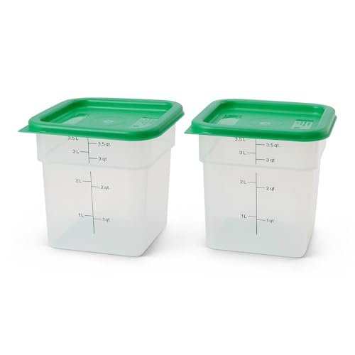 Image of Cambro Food Storage Container with Lid (Microwave Safe and BPA-Free) - 2 Pack - Classic Series Square with Green Lid - 4 QT (Quart) - Commercial Grade for Food Prep (Translucent)
