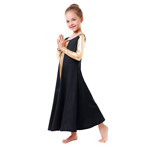 Teen Girls Praise Robe Dance Cross Dress Long Bell Sleeve Liturgical Loose Fit Full Length Swing Worship Gown Skirt Black-Glod 9-10 Years