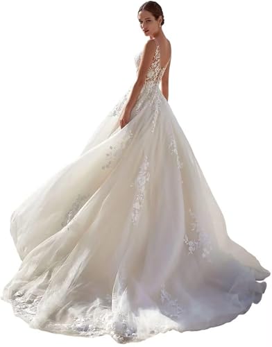 White Tulle Wedding Dresses With Lace Appliques