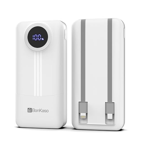 Image of BonKaso 20000mAh Power Bank 22.5W PD Fast Charging with Built-in Type-C Cable, USB-A & Type-C Output, Digital LED Display, Slim Portable Charger for iPhone, Android, Tablets - White