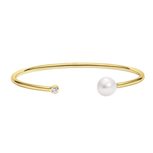 14K White/Yellow Gold Plated Silver Bracelet With Freshwater Cultured Pearl and 0.10 TCW Round Brilliant Diamond/Emerald, Bracelet For Women, Gift For Her Jewelry For Women2