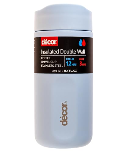 Décor 340ml Insulated Travel Cup - Double Wall Stainless Steel Coffee Mug with Leakproof Lid, Button Press Spout, 3h Hot / 12h Cold - Ice Blue