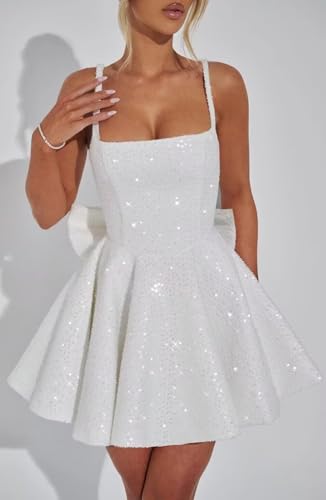 Sequin Homecoming Dresses Square Neck Short Prom Dress with Bow Spaghetti Straps Cocktail Party Gown4