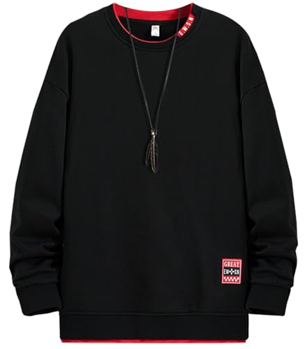 [Bligo] tシャツ メンズ トレーナー 長袖 丸首 Tシャツ 大きいサイズ フェイク レイヤード 裾のリブ プルオーバー ロングtシャツ おおきいサイズ ゆったり カジュアル 快適 軽やか 人気 無地 春 秋 冬服 Black-7XL