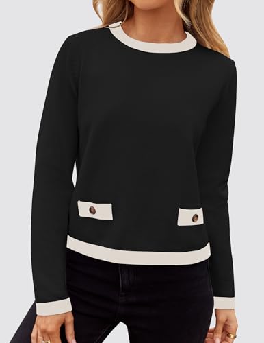 ZESICA Women's Fall Sweaters 2025 Long Sleeve Crewneck Knit Color Block Lightweight Pullover Tops Clothes3