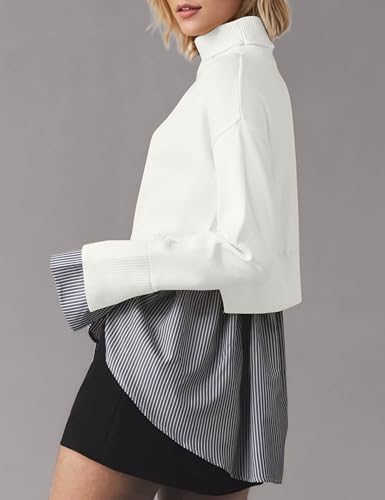 Image of Women Asymmetrical Patchwork Sweaters Slit Turtleneck Pullover Sweater Dress 2 in 1 Sweater Shirt Tunic Sweater Tops