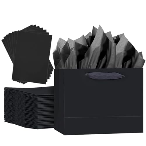 qiqee 5PCS Black Gift Bags with Ribbon Handles 9.6x7.9x4.3 Medium Size Gift Bags (Tissue Paper included Medium Wide)