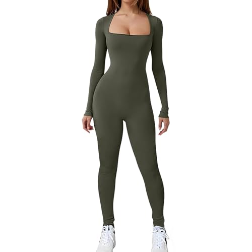 Jetjoy Damen Sport Jumpsuit Lang Yoga Langarm Bodycon Einteiler Ganzkörperanzug Stretch Elegant Jumpsuit eng Eckigem Ausschnitt Gerippte Workout Overall Hosenanzug,Langarm Oliv Grün,S