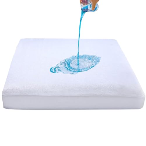 Terry Cotton 38cm Depth Fitted Terry Towel Mattress Protector Topper Cover Bed Sheets Waterproof Mattress Protectors Breathable Mattress (White, Double)