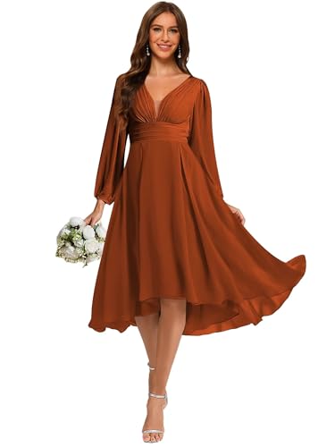 YOFF Women's Chiffon V Neck Bridesmaid Dress Long Sleeves Pleated A-Line Midi Length Wedding Guest Dress YO114