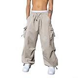 Pantalon de jogging vintage Y2k Streetwear Hip Hop pour homme   Jambe large   Décontracté   Avec motif cargo et parachute   Pour un style urbain moderne (M abricot)