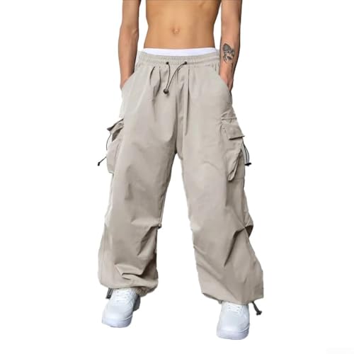 Pantalon de jogging vintage Y2k Streetwear Hip Hop pour homme - Jambe large - Décontracté - Avec motif cargo et parachute - Pour un style urbain moderne (M abricot)