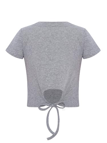 Linjinx Kids Girls Round Neck Bowknot Printed Tee Crop Tops Summer Casual Short Sleeve Lace-Up Cutout Back T Shirt4