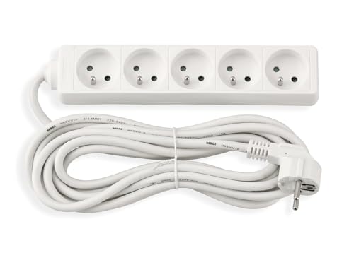 Steckdosenleiste mit 5 m Kabel – 5 Steckdosen mit Erdung – Weiß – 230V Kabel – Schuko-Stecker – MAX 3680W – Robuste Mehrfachsteckdose für Zuhause und Büro – Für Haushaltsgeräte und Elektronik