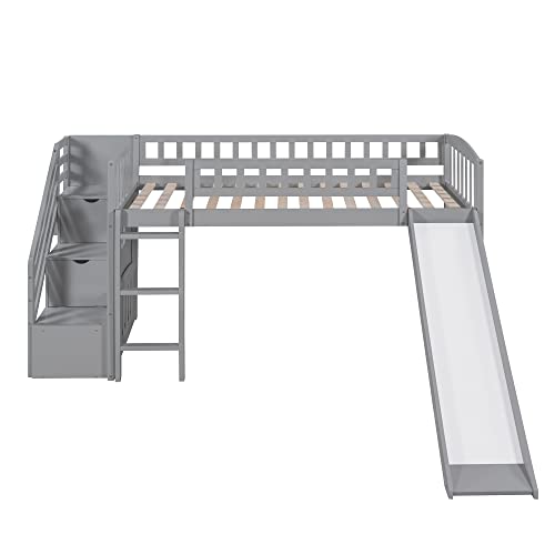 BOVZA Kids Twin Low Loft Bed with Slide, Wood Stairway Loft Bed Frame with Convertible Ladder and Slide, Low Loft Bed with 2 Drawer Stairs and Guardrails for for Kids Boys Girls Teens, Gray