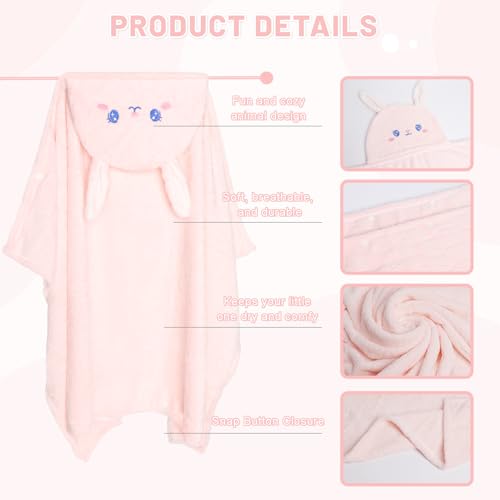 Image of Cute Animal Hooded Baby Towel Soft Coral Fleece Baby Towels with Hood Toddler Bath Towel Large 27 x 55 Inch Ultra Absorbent Hooded Bath Towels for Babies Baby Bath Towel（Pink