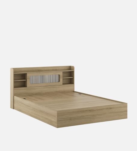 Image of Mintwud Pepperfry Engineered Wood Cavour King Size Bed with Hydraulic Storage and Open Shelves | Wooden Double Bed Cot Palang Furniture for Living Room Bedroom Home and Hotels (Santana Oak Finish)