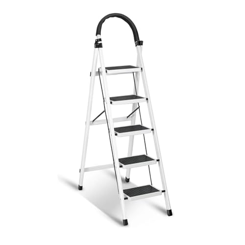Sulfar Foldable 5-Step Ladder With Wide Anti-Slip Pedal - Sturdy Steel Folding Step Stool for Home, Kitchen, Garden, Office - Adults