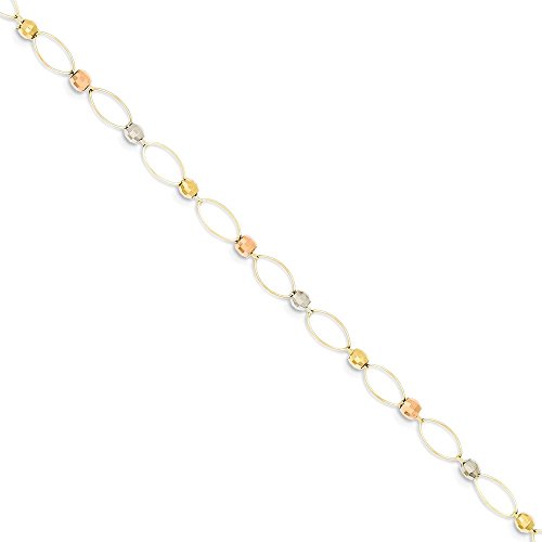 14K Tri Color Yellow White Gold Oval Link Mirror Beads Bracelet 7.5 Inch Chain Fancy Bead Beadsed Fine Jewelry For Women Gifts For Her #TOP6
