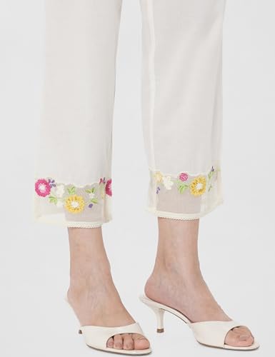 Image of White Cotton Pants with Embroidered Mesh Hemline