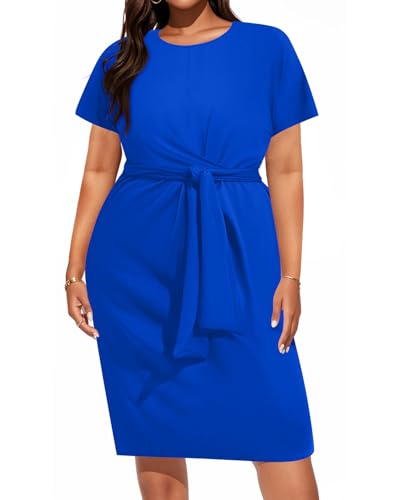 Image of Pinup Fashion Plus Size Dresses for Women Wedding Guest Short Sleeve Tie Front Waist Belted Pencil Work Knee Dress
