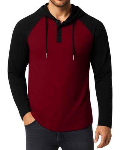 KUYIGO Mens Hoodie Long Sleeve Casual Athletic Workout Fashion Pullover Hooded Contrast Collar Sweatshirt with Drawstring,WineRed/Black,M