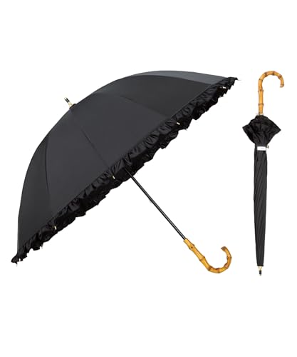 Wpc. 最強の日傘 UVO(ウーボ)長傘／12K フリル ブラック《遮光率＆UVカット率100%/UPF50＋/遮熱/晴雨兼用》親骨55cm レディース 女性 バンブー 持ち手 おしゃれ 可愛い 丈夫 大人可愛い UVO12K-24