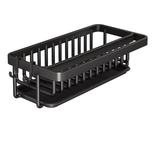 Opatiny Organizer a ventosa per lavello da cucina con vassoio di scarico, contenitore salvaspazio da parete per spugne, spazzole e bottiglie di sapone, scaffale in metallo nero 30 x 16 x 6 cm
