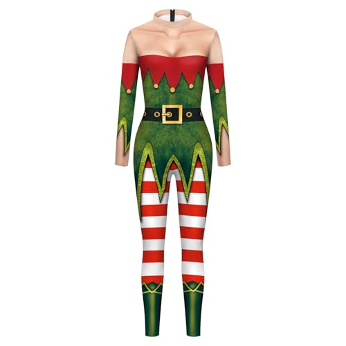 Plus Size Jumpsuit Lässiges Weihnachtskleid Bühnenkostüm Digitaldruck Strampler Performance Kleid mit Weihnachtsstreifen (Green, S)