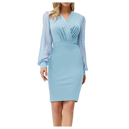 GRACE KARIN Dam bodycon klänning elegant tyll långärmad V-ringning Swiss Dot Hips-Wrapped klänning CLE2815, Ljusblå, L