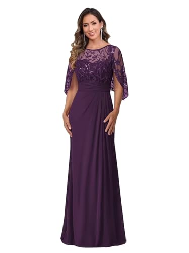 Image of Mother of The Bride Dresses - Long Chiffon Lace Appliques Cape Sleeve Ruched Waist Formal Evening Gown for Women