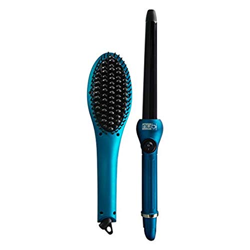 Nubi Hair Simply Sleek Hair Straightening Brush and Tourmaline Curling Iron Set - Salon Quality Tools for Shiny, Easily Manageable Hair (Teal)