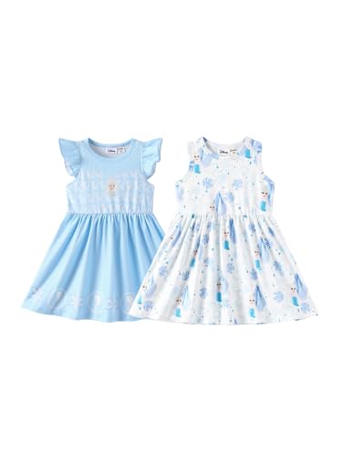 Disney Frozen Elsa Toddler Girl Dresses 2 Pack Blue Ruffle Sleeve Costume & White Sleeveless Sundress Set Birthday Party Summer Outfits Clothes 3-4T
