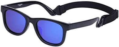 COCOSAND Toddler Sunglasses with Strap Polarized Retro Square Soft Silicone Nose Pads for Baby Kids Boys Girls Age 0-24 Months, Black with Blue Lens