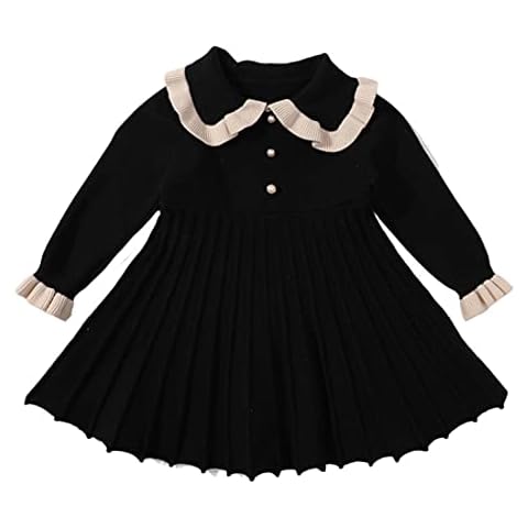 FKKFYY Little Girl's Sweaters Dresses Size 2 3T Knitwear Cute Pullovers Long Sleeve Sweaters Dresses Cotton Knit Tunic Girl Sweater Dress Knee Pleated Skirt Playwear Jumper (Black, 110) Cover