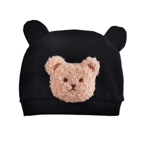 yanwuwa Gorro de oso de dibujos animados para recién nacido, de algodón suave y cálido, gorro fetal de color sólido, gorro de moda para bebés de 0 a 6 meses, color negro, Negro, M-L