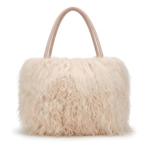 Image of Women Luxury Real Lamb /Mongolian Flush Wool Fur With Genuine Leather Handles Handbag