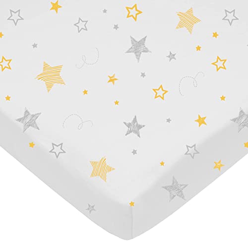 Image of American Baby Company 100% Natural Cotton Fitted Pack and Play Sheet 39 inch x 27 inch - Soft & Breathable Pack N Play Sheet for Playpen, Playard & Mini Crib Mattress, Yellow Super Star, for Boys & Girls