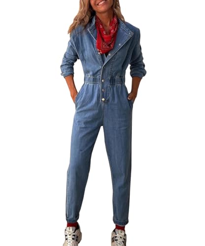 TACSTRUN Frauen Casual Langarm Denim Jumpsuit Hohe Taille Revers Stretch Gewaschene Slim Fit Jeans Strampler,Blau,M