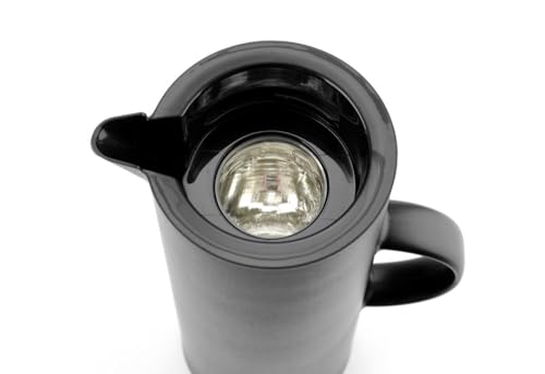 Foto von HENDI Thermoskanne, mit Glasinnenschicht, doppelwandige Isolierung, dicht schließender Deckel mit Druckknopf, Isolierkanne, Kaffeekanne, 1L, ø110x(H) 289mm, Polypropylen, Glas, Schwarz