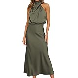 Women Sleeveless Mock Neck Cocktail Dresses Elastic Waist Party Wedding Guest Dress Satin High Split Maxi Evening Dress Army Green