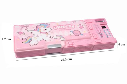 Image of KiddieWorld Pencil Box for Kids with Calculator & Sharpener | Multi-Compartment Plastic Pencil Case with Writing Pad | Cute Pink Pencil Box for Girls School Use