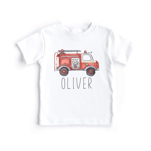 Custom Red Fire Truck Shirt - Retro Fireman Pretend Play - Personalized Fire Engine Birthday T-Shirt - Natural Toddler Youth Tee3