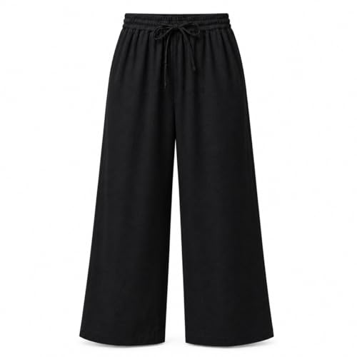 Image of Women Linen Wide Leg Pants High Waist Drawstring Elastic Waist Trousers Breathable Lightweight Summer Palazzo Pants Casual Travel Lounge Wear with Pockets