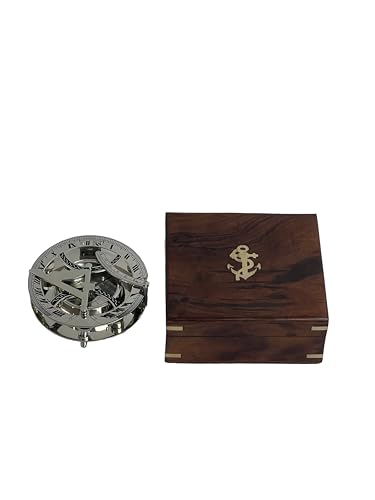 Brújula de reloj de sol vintage de latón con caja de madera | Acabado niquelado brillante | Regalo náutico | 11 x 11 x 4 cm miniatura 3